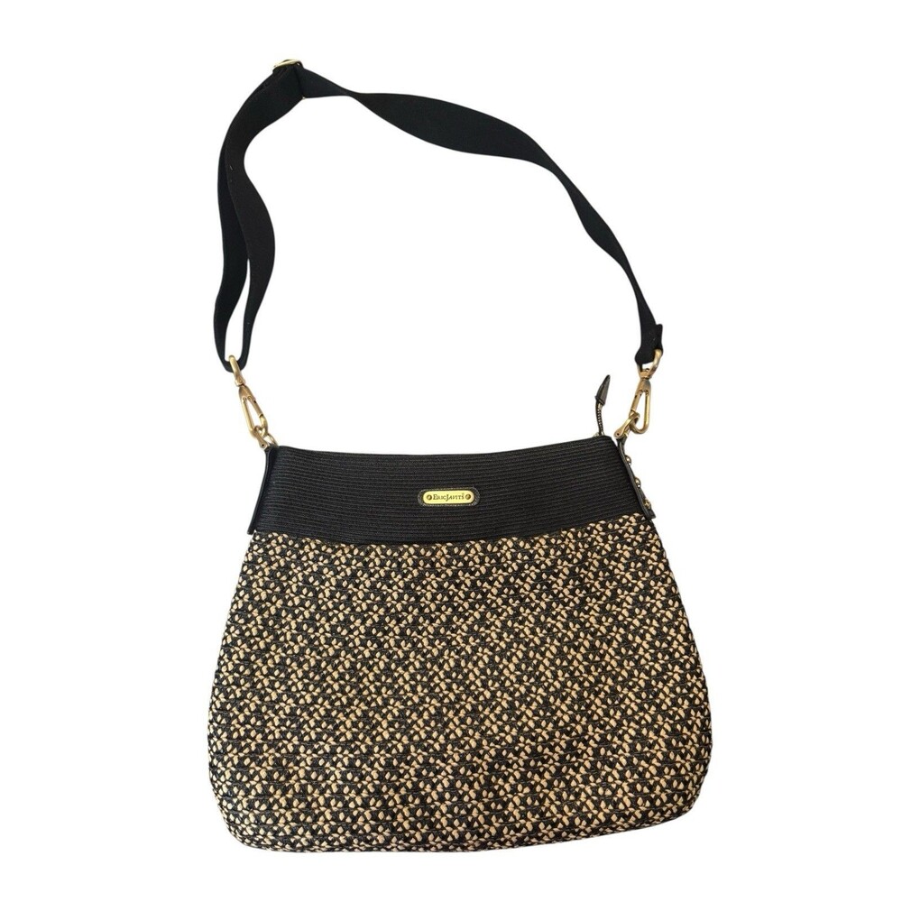 Eric Javits Black Beige Squishee Strap Crossbody Messenger Bag Gold Tone Logo